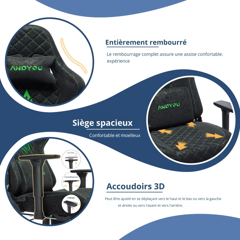 Chaise gaming ergonomique, entièrement rembourrée, respirante, anti-plis et durable, 70x70x131 cm, Noir