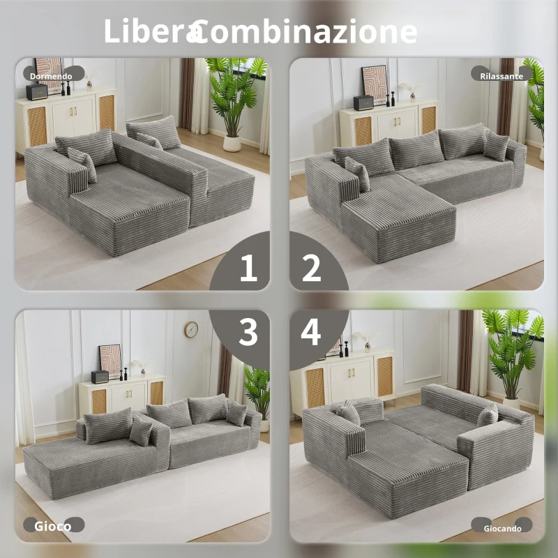 Divano angolare a L modulare con chaise longue, salvaspazio, design minimalista, seduta profonda, 279x179x83 cm, Grigio