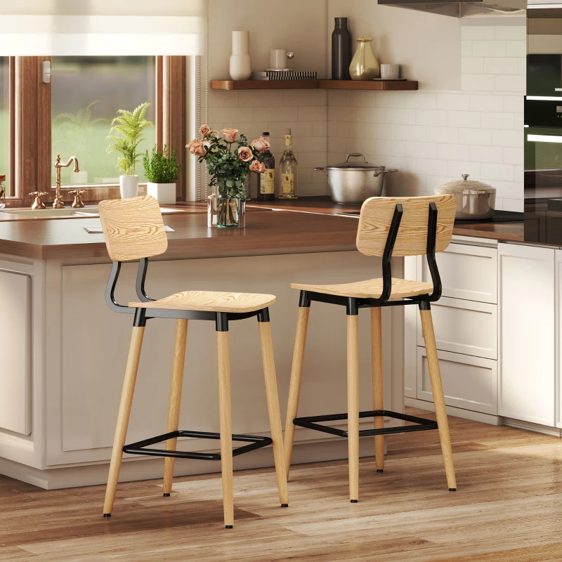 HOMCOM Set van 2 Barstoelen met Rugleuning, Voor Huisbar, Keukeneiland, Eetkamer, Hout, Metaal, Lichtbruin