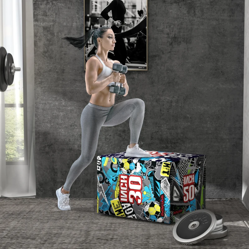 SPORTNOW Plyo Box 3 Înălțimi, Cutie Salt Antiderapantă pentru Casă și Sală de Sport, 76x61x51cm, Multicolor