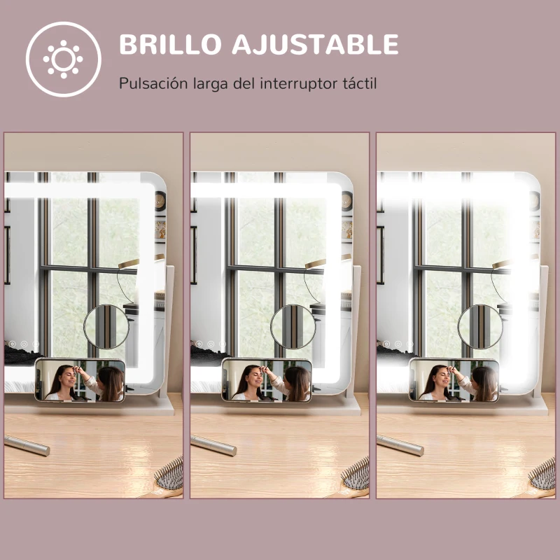 HOMCOM Espejo de Tocador Giratorio 58x46 cm con 3 Modos de Iluminación Ajustables Interruptor Táctil Espejo de Aumento Blanco