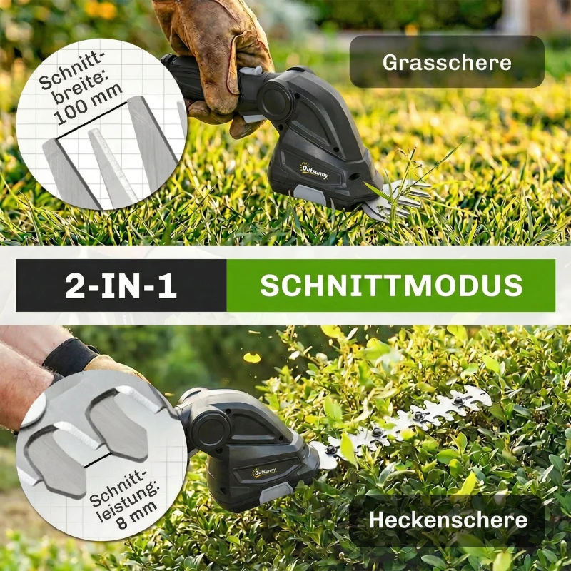 Outsunny 2-in-1 Elektrische Heggen- en Struikschaar met 2 x 7,2V Oplaadbare 2,0 Ah Accu, 2 Verwisselbare Messen Zwart