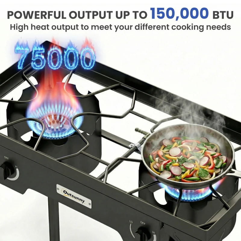 Outsunny Double Burner Camping Stove, 150,000 BTU High Pressure Camping Gas Stove with Detachable Legs, Black