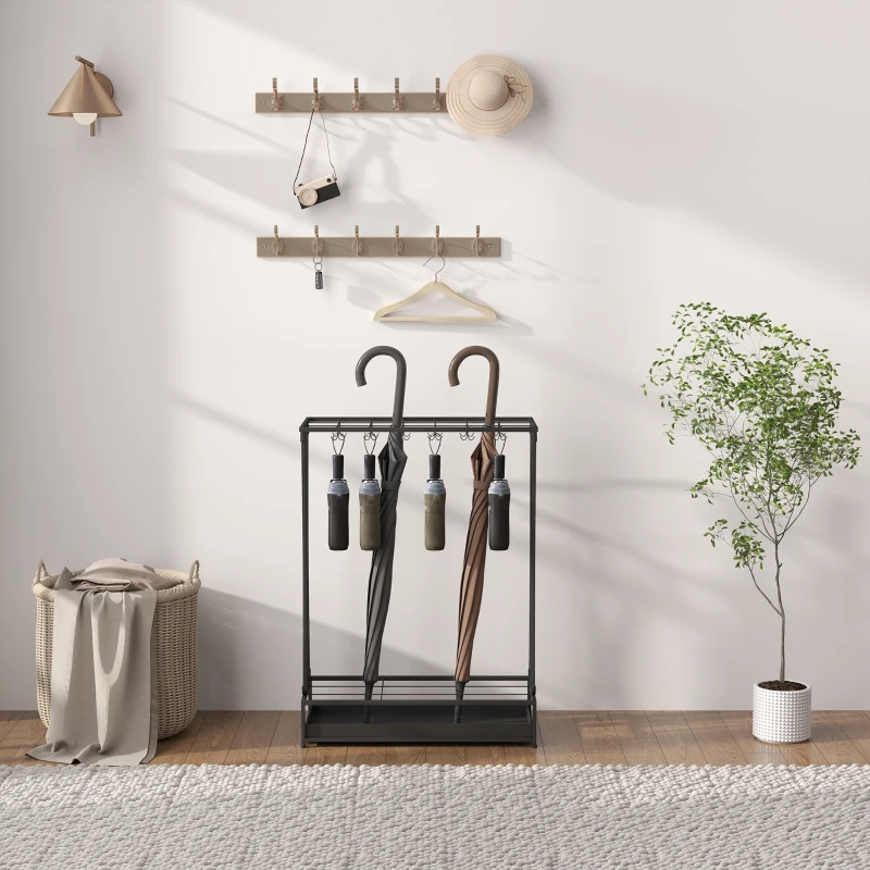 HOMCOM Paragüero Moderno de Acero con 21 Espacios y 24 Ganchos Bandeja Recogegotas Extraíble para Entrada 50x24x68 cm Negro
