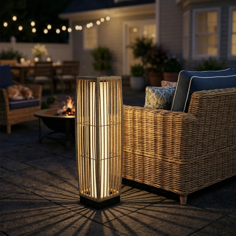 Outsunny Lampă de Podea Solară din Ratan, Lanternă de Grădină cu LED Auto On/Off, 68 cm, IP44, pentru Terasă, Curte, Patio, Maro Nisipiu