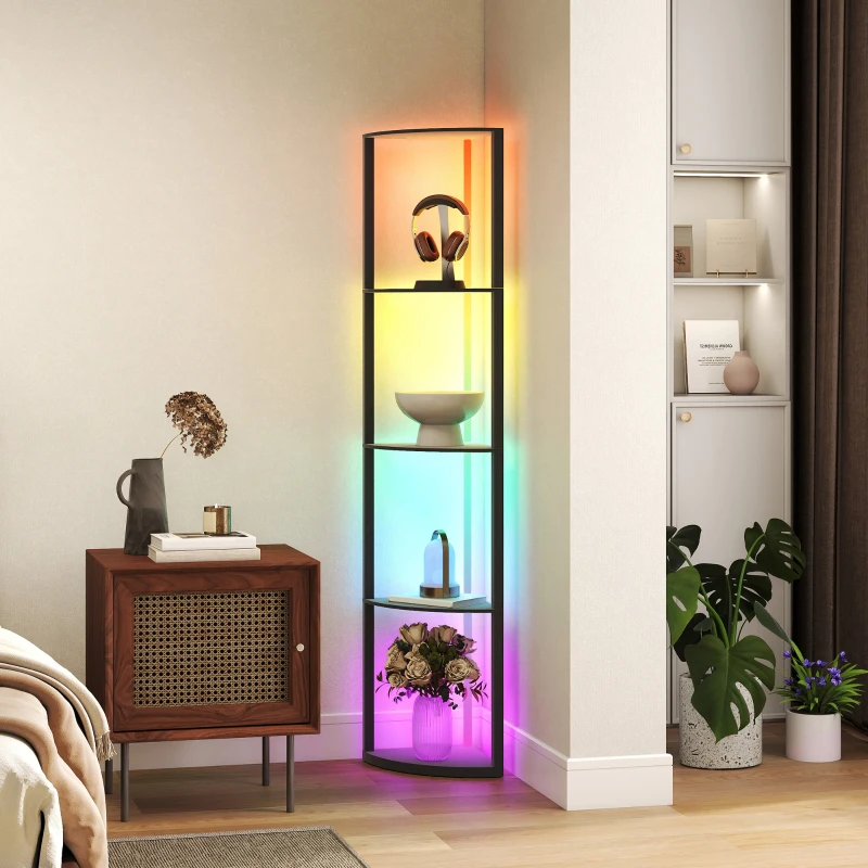 HOMCOM LED Vloerlamp 5-niveaus dimbare vloerlamp met rek, RGB kleurenwisseling, afstandsbediening