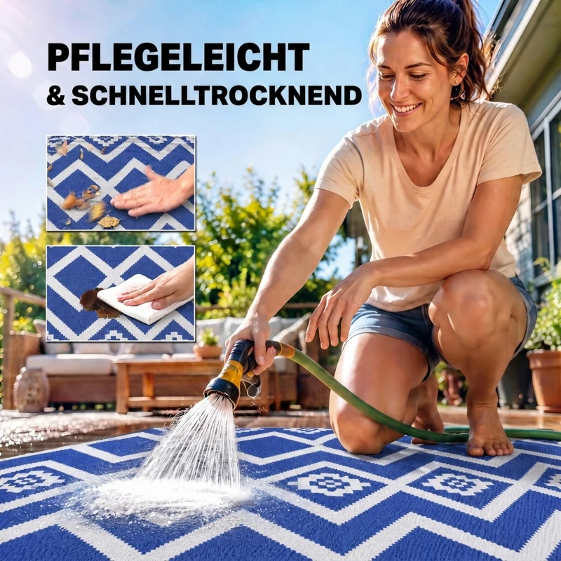 Outsunny Terrasvloerkleed voor buiten, weerbestendig, modern ontwerp, 182 cm x 274 cm x 0,3 cm, Blauw + Wit