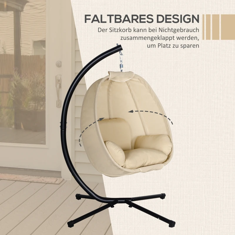 Outsunny Hangstoel, Ei-vormige Schommelzitting met Zacht Kussen, Geschikt voor Binnen en Buiten, 125L x 95B x 170H cm, Khaki