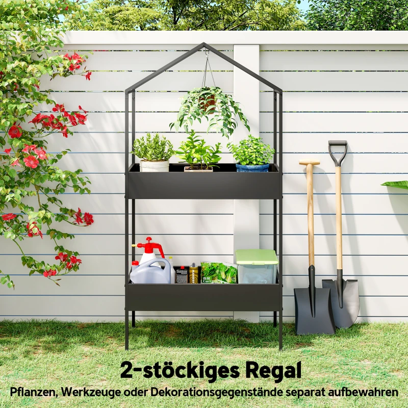 Outsunny 2-laags plantenstandaard in huisvorm, 150 cm hoge plantenstandaard met haak, metaal, zwart