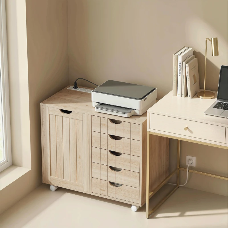 HOMCOM Mueble para Impresora con Estación de Carga y Ruedas 5 Cajones Puertos USB Estante Ajustable Natural