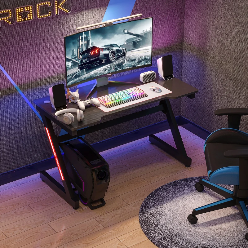 HOMCOM Mesa Gaming Ergonómica 120x60x73 cm Escritorio para Computadora PC con Patas Ajustables Encimera Efecto Fibra de Carbono y Orificio de Pasacables Carga 150 kg Negro