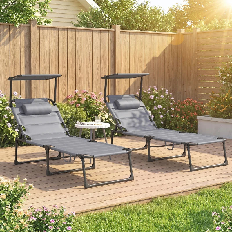 Outsunny Lot de 2 Bains de soleil transats pliables grand confort dossier pare-soleil réglables multi-positions, gris