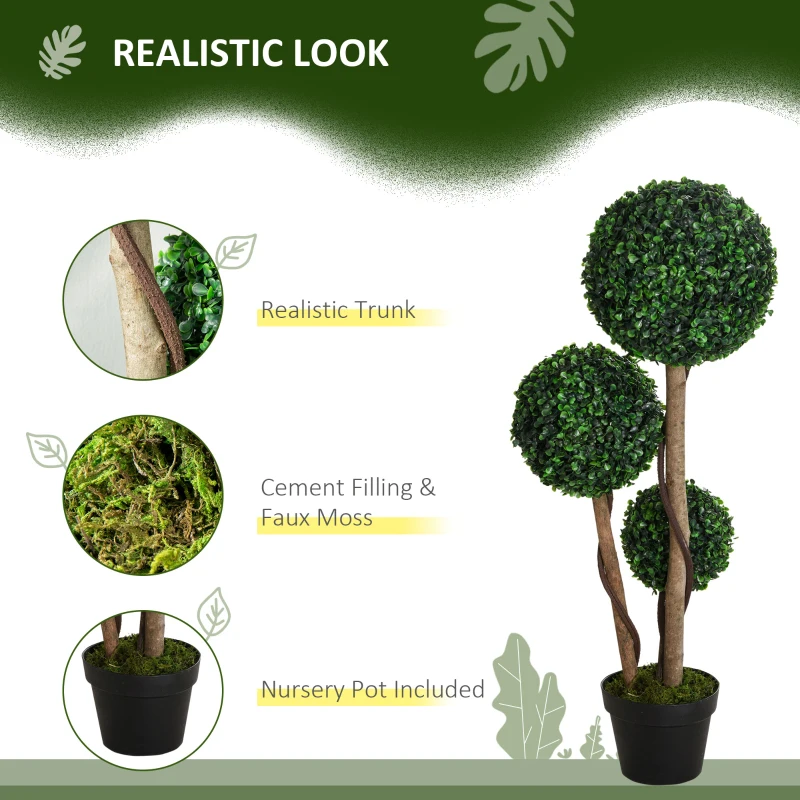 HOMCOM Decorative Artificial Trees Boxwood Ball Topiary Trees in Pot, UV-Cut Fake Plants for Home Indoor Outdoor Decor, 90 cm, Dark Green