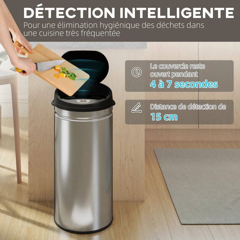 HOMCOM Poubelle cuisine automatique 42L acier inoxydable, poubelle à couvercle à fermeture en douceur, 30,5x30,5x68cm, argent