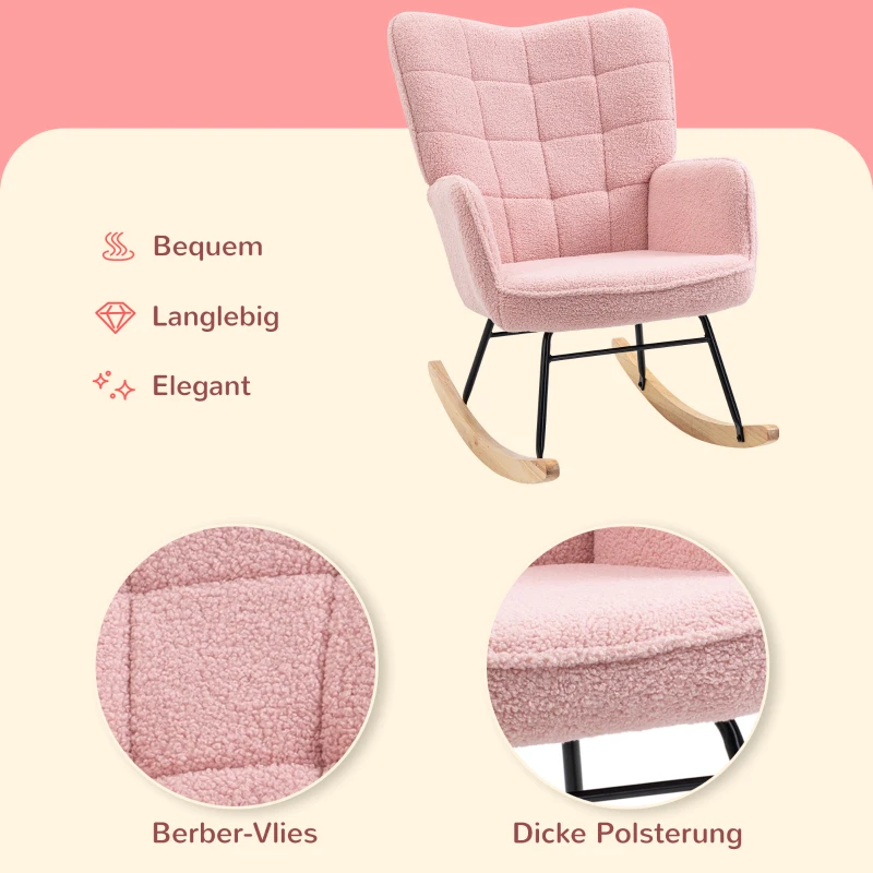HOMCOM Schommelstoel in retro design, relaxfauteuil, massief hout, roze