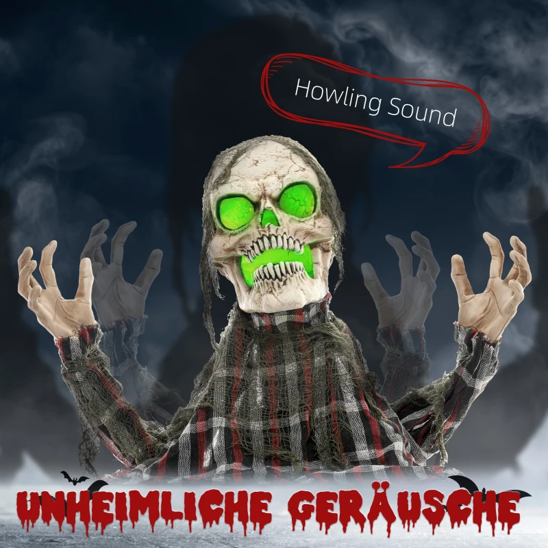 HOMCOM Halloween Decoratie Grondverschijning-Skelet, Buigzame Armen, Gloeiende Ogen, Griezelig Huilen