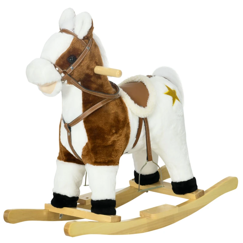 HOMCOM Căluț Balansoar pentru Copii de 3-6 Ani din Pluș cu Sunete, 68x26x62cm, Maro