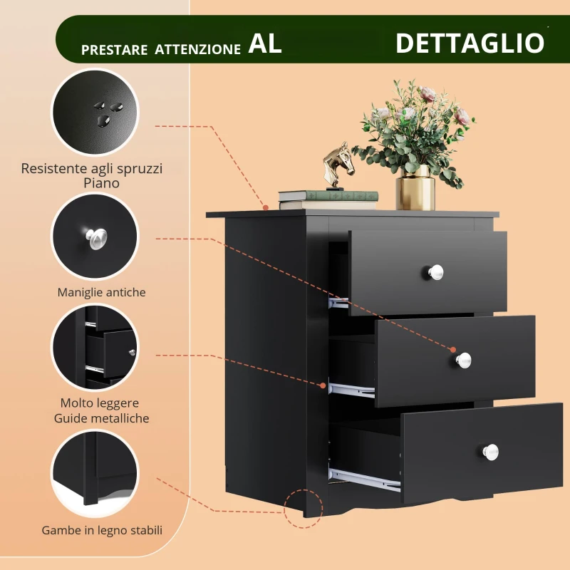 Comodino con 3 cassetti, stazione di ricarica integrata, design moderno rustico, 46,5x39,6x58,7 cm, Nero