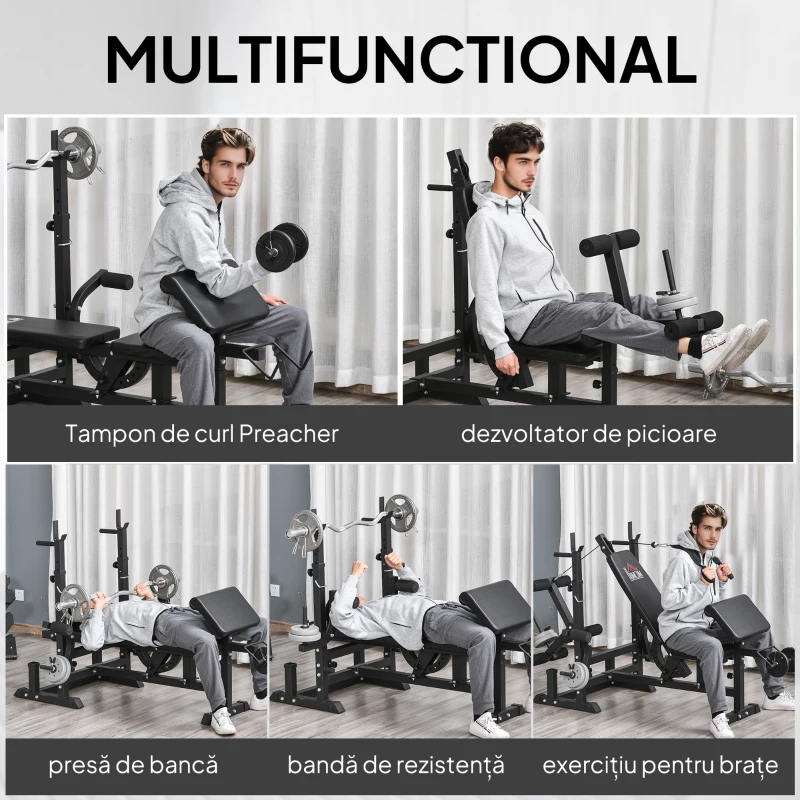 HOMCOM Bancă de Fitness Reglabilă cu Suport pentru Halteră, din Oțel și PU, 210x110x103-123 cm, Negru