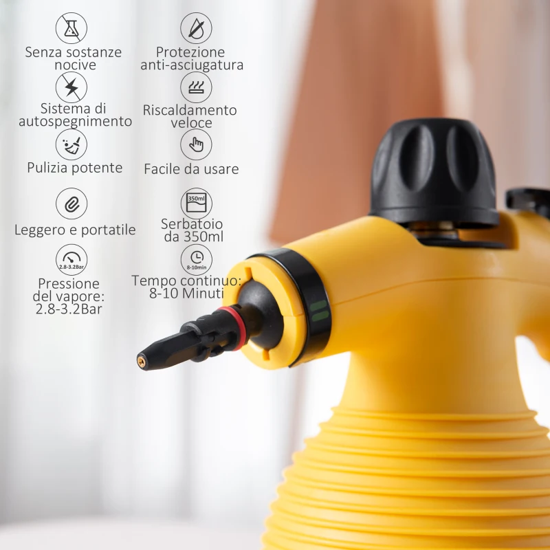 HOMCOM Pistola a Vapore Multiuso con 9 Accessori, Potenza 900-1050W e Serbatoio 350ml, 30x15x21cm, Giallo