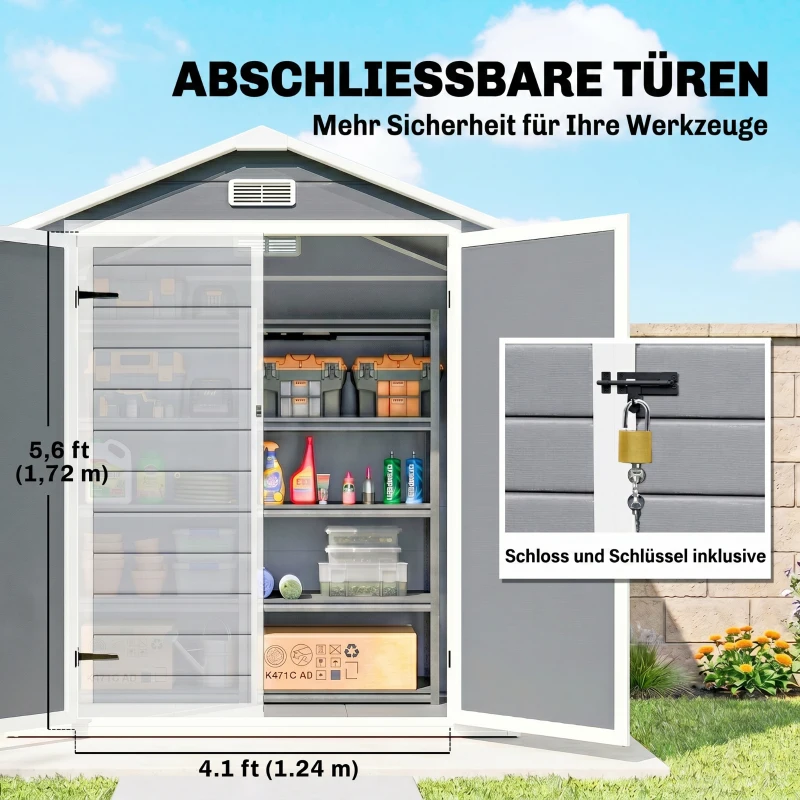 Outsunny Metalen Tuinschuur, afsluitbaar, Dubbele Deur, Raam, Aluminiumframe, 1,80 x 1,30 x 2,10 m, Grijs