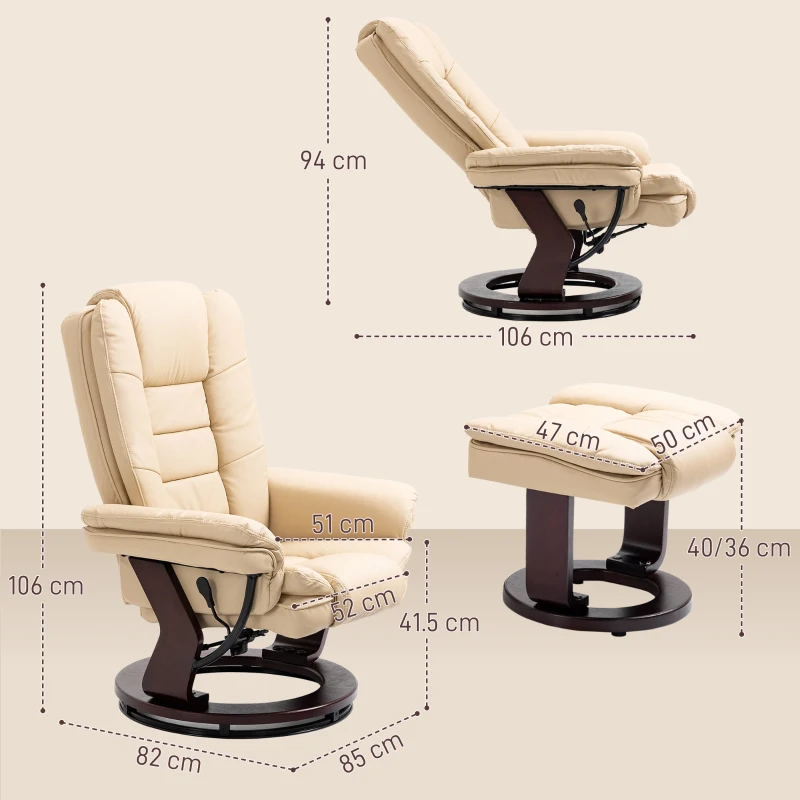 HOMCOM Faux Leather 135° Reclining Chair and Footstool - Beige