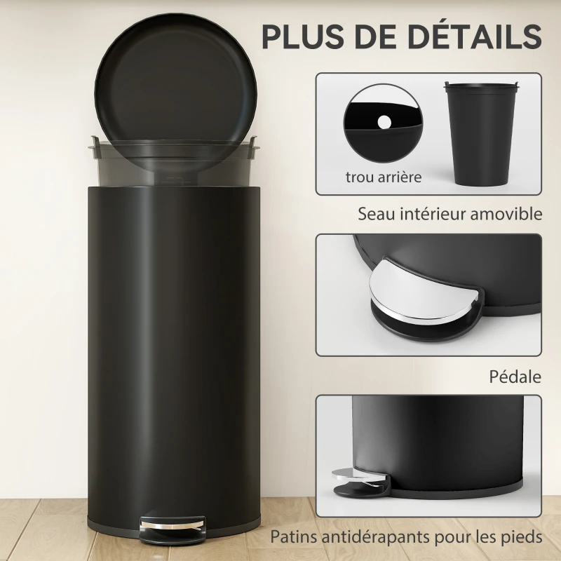 HOMCOM Poubelle de Cuisine 30 L en Métal, Poubelle à Pédale avec Couvercle à Fermeture Douce et Seau Amovible, Noir