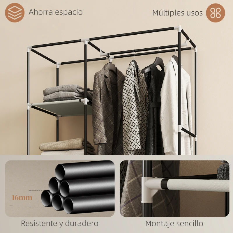 HOMCOM Armario de Tela con Ruedas Ropero Portátil con 6 Estantes y 1 Barra de Colgar para Dormitorio 103x43x162,5cm Crema