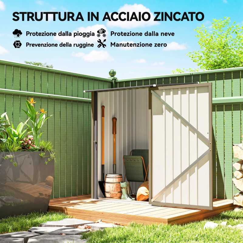 Outsunny Casetta da Giardino Porta Attrezzi in Acciaio Galvanizzato con Porta, 100x104x160 cm, Marrone e Grigio Scuro