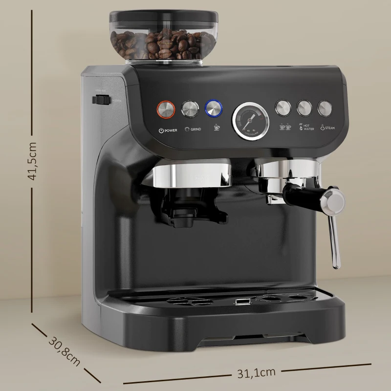 HOMCOM Machine à expresso 1600W avec moulin à grains, buse vapeur, pompe italienne 15 bars, réservoir d'eau 2 L, noir