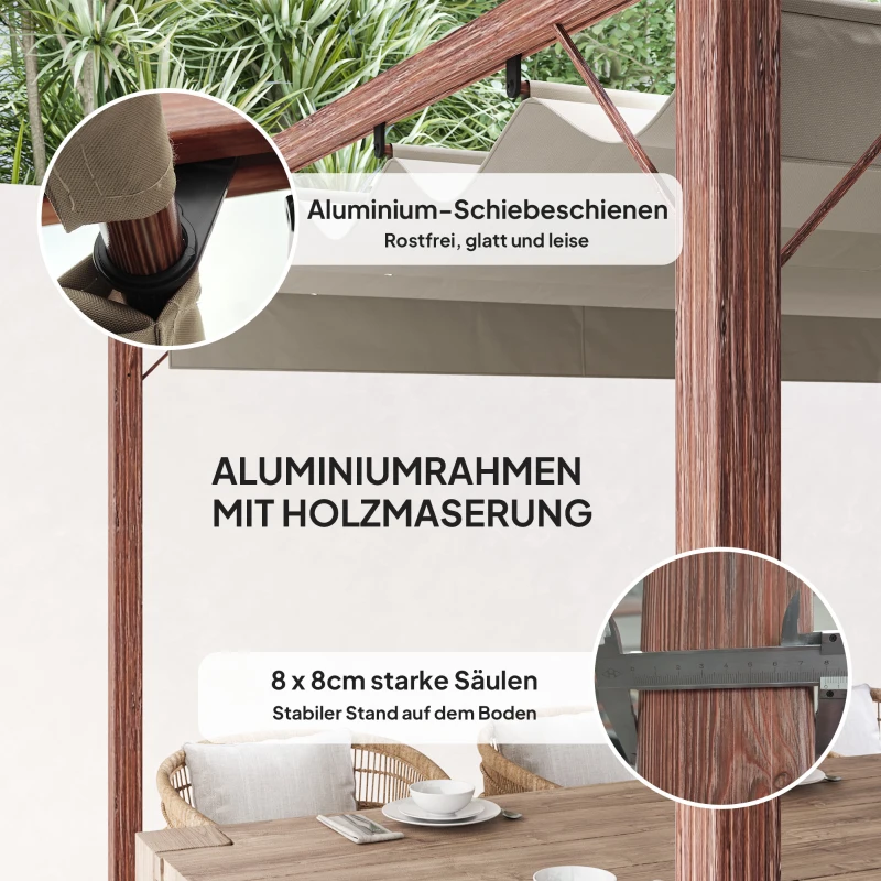 Outsunny 3 x 3 m Tuin-Pergola, Verstelbaar Terrasdak, Aluminium Frame, UPF30+ Zonbescherming, Natuurlijk Hout