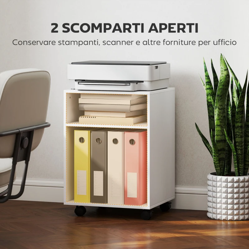 HOMCOM Mobile Porta Stampante con Ruote e 2 Ripiani Aperti in Legno, 40x35x55.5 cm, Bianco