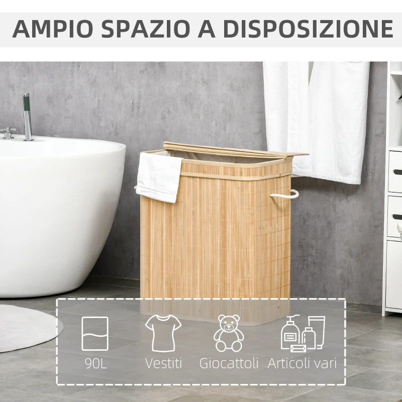 HOMCOM Cesto Portabiancheria da 90L Pieghevole con 2 Scomparti, Coperchio e Manici in Bambù