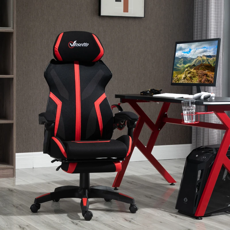 Vinsetto Silla Gaming con Reposapiés Retráctil Silla de Oficina Giratoria Reclinable con Reposacabezas y Altura Ajustable 65x65x119-129 cm Negro y Rojo