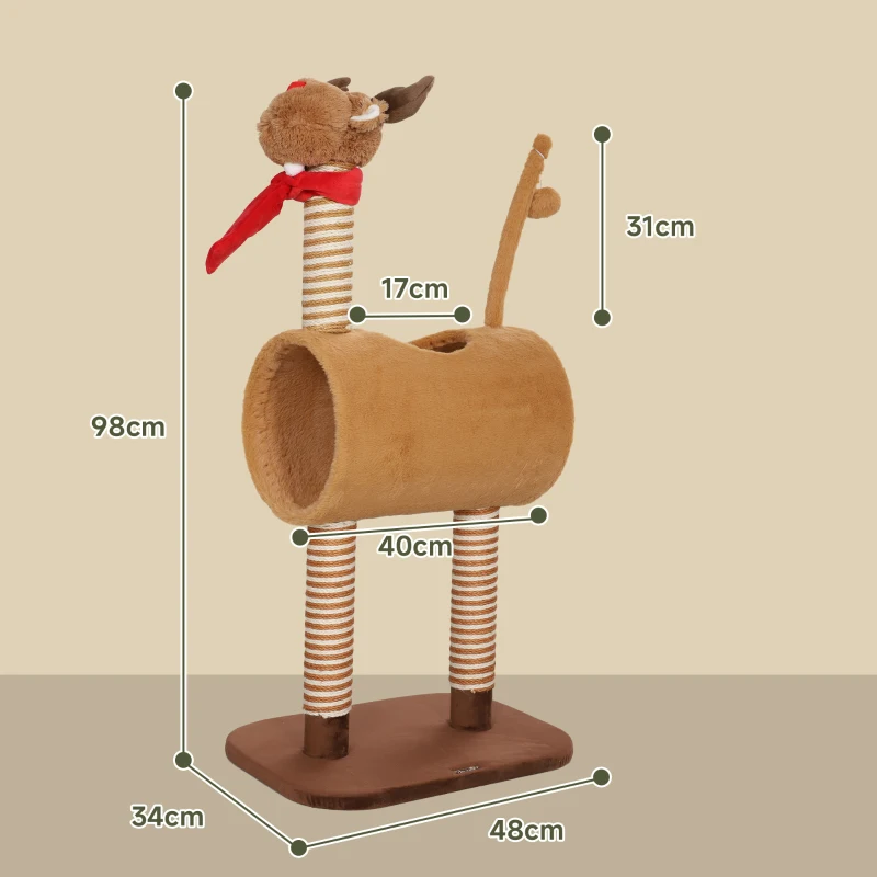 PawHut Krabpaal 98 cm Kattentoren in Hertontwerp met Speelhol, Speelbal, Jutepalen, Bruin