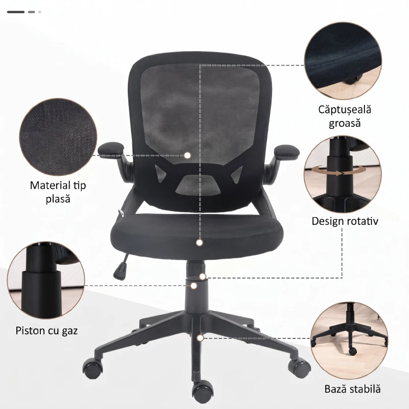 HOMCOM Scaun de birou ergonomic cu înălțime reglabilă, brațe rabatabile și material textil tip plasă, negru