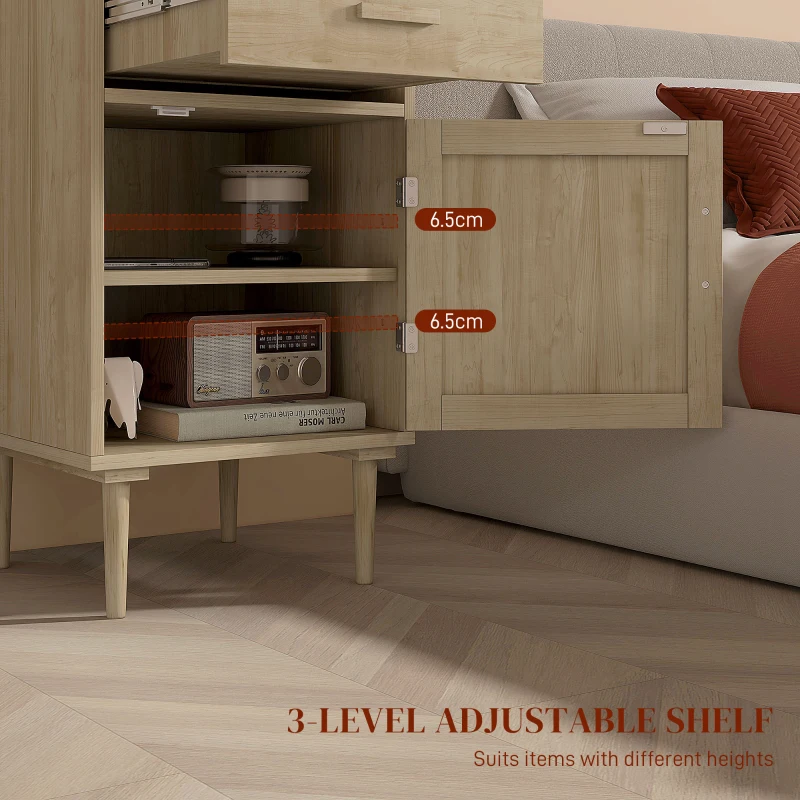 HOMCOM Bedside Tables Set of 2, Rattan Side Tables with Drawer, Cabinet and Adjustable Shelf, Boho Bedside Cabinets with Storage for Bedroom, Living Room, Natural Wood Finish