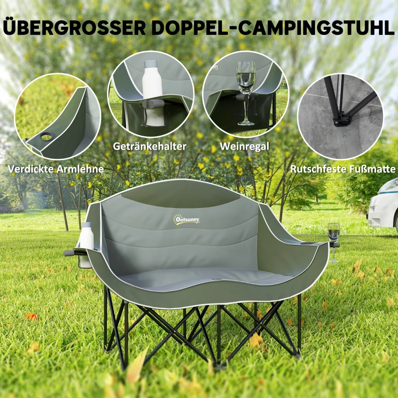 Outsunny Opvouwbare Dubbele Campingstoel – Tot 250 kg Belastbaar – Groen – Met Bekerhouder