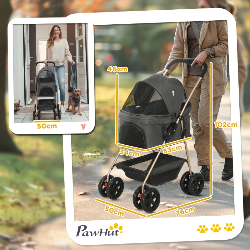 PawHut 3-in-1 Huisdierenwagen, inklapbare hondenkar met 4 wielen en afneembare draagtas voor honden en katten, Grijs
