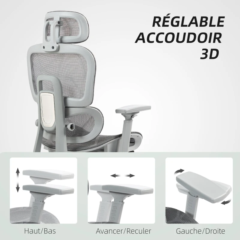 HOMCOM Fauteuil de bureau, chaise de bureau ergonomique en maille avec accoudoirs 3D, dossier inclinable, 66x64x122 cm, gris