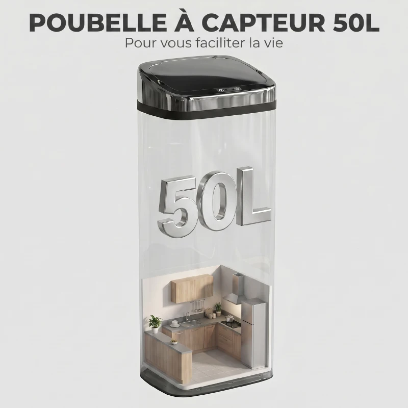 HOMCOM Poubelle à capteur de mouvement ouverture automatique 1 bac de 50 L en acier inoxydable