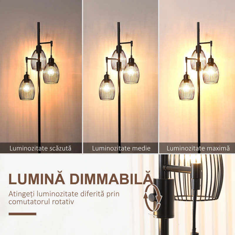 HOMCOM Lampadar Industrial cu 3 Abajururi și Intensitate Reglabilă, din Oțel, 30x30x170,5 cm, Negru