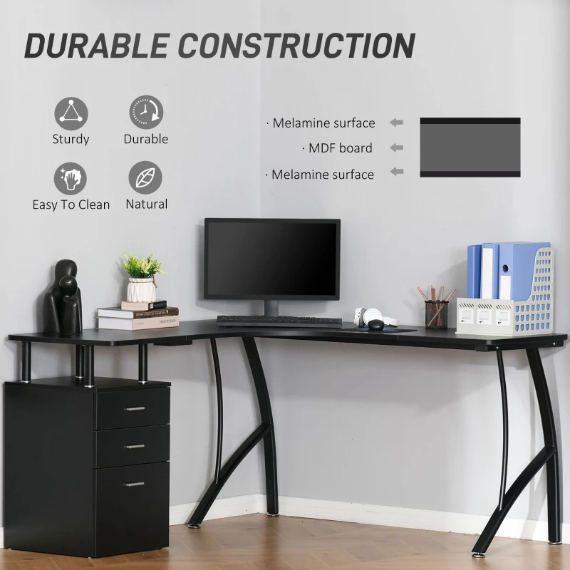 HOMCOM L-Shaped Computer Desk Table with Storage Drawer, Home Office Desk Corner Industrial Style Workstation for A4 Files 143.5 x 143.5 x 76cm, Black