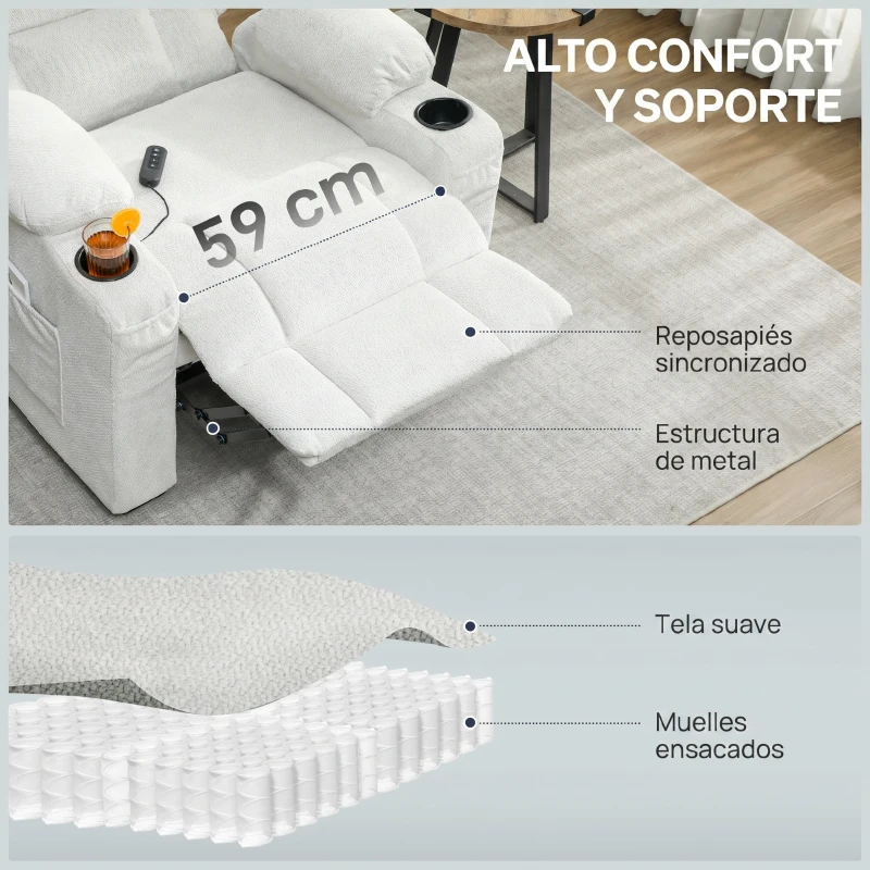 HOMCOM Poltrona Relax Reclinável Elétrica com Função Memória Apoio para Pés Controlo Remoto e Porta USB 94x90x105 cm Creme
