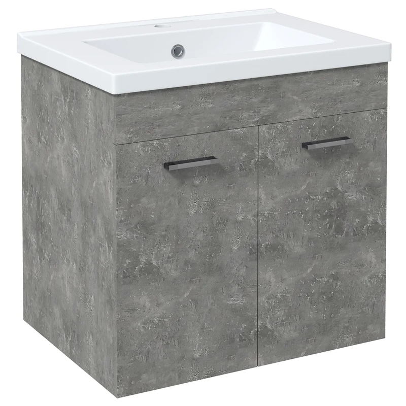 kleankin Mueble de Baño con Lavabo Cerámico Armario Bajo de Lavabo de Pared con 2 Puertas Estante Ajustable 60x45,5x60 cm Gris
