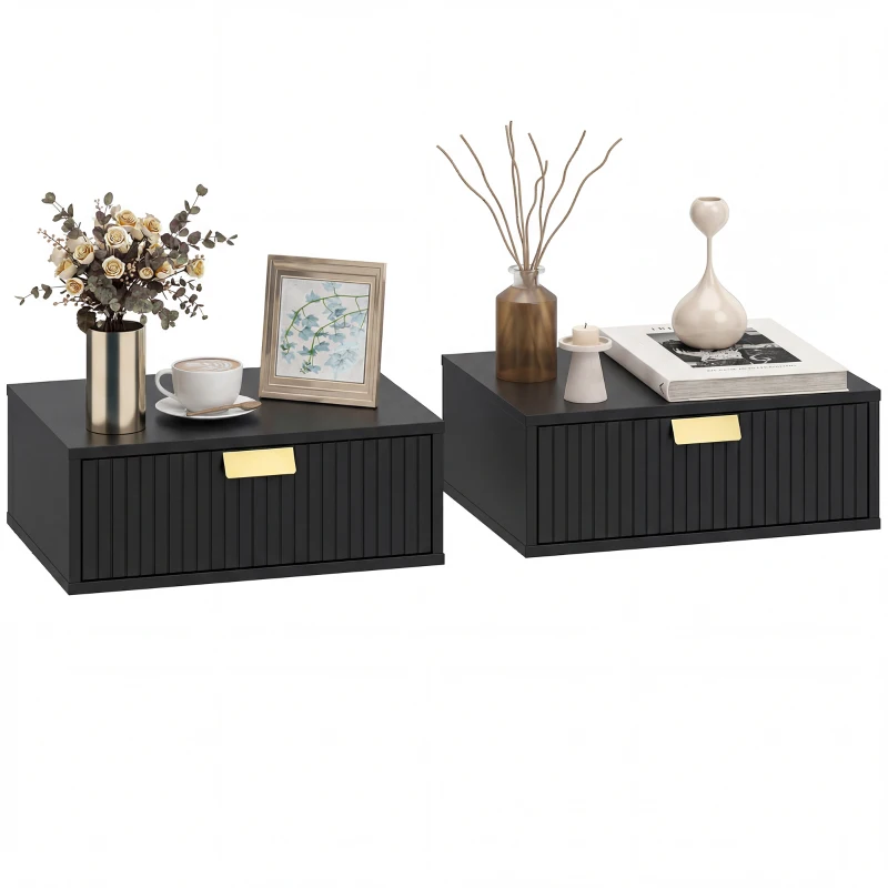 HOMCOM Lot de 2 Tables de Chevet Murales, Tables de Nuit Suspendues avec Tiroir Ondulé, 40 x 30 x 15 cm, Noir