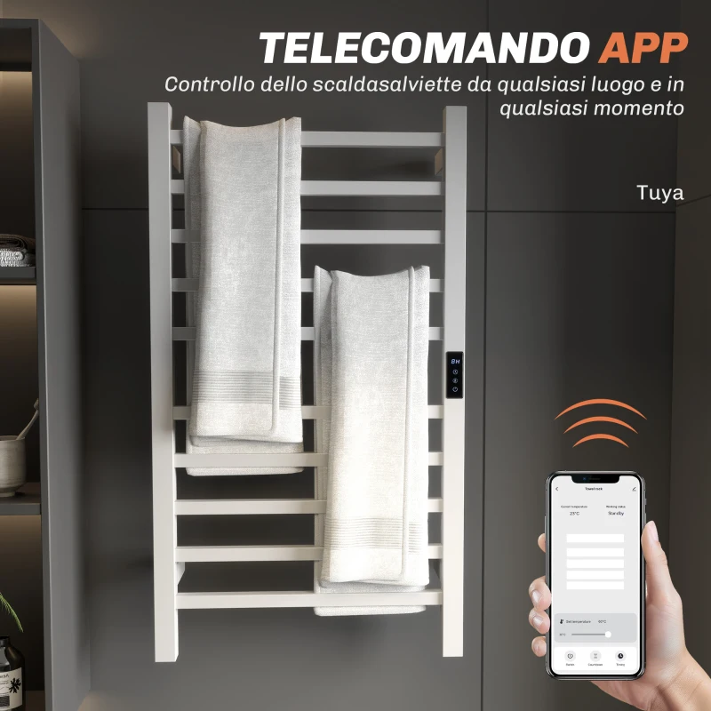 HOMCOM Scaldasalviette Elettrico Smart a 10 Barre con Timer e Display LCD, in Acciaio Inox, 45x11x80 cm, Bianco