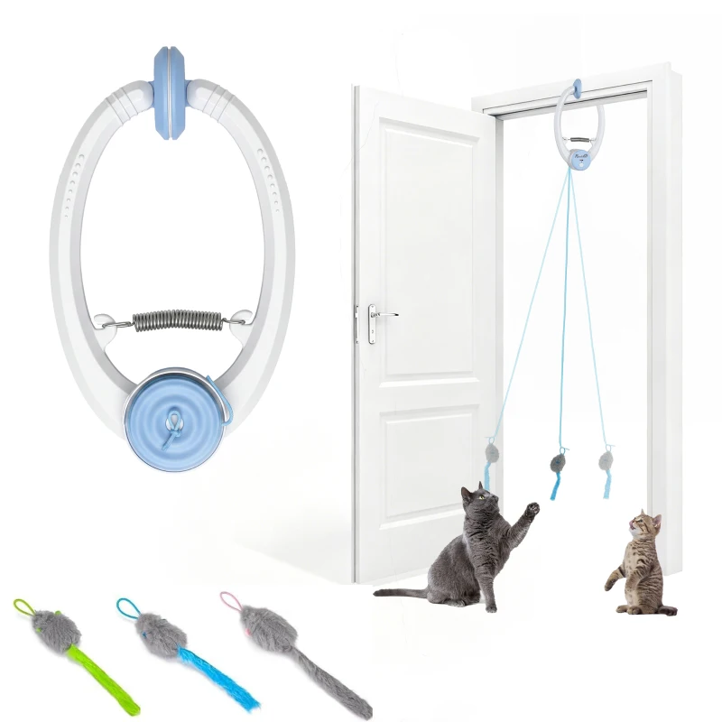 PawHut Interactief Kattenspeelgoed USB-Oplaadbaar Deurhangend Stuiterende Muis voor Katten, 24,1 x 13,8 x 6,6 cm Wit