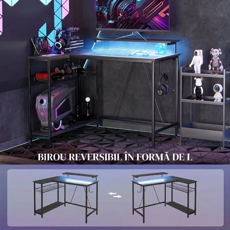 HOMCOM Birou colțar reversibil cu LED, prize de curent și USB, rafturi și suport pentru monitor, negru
