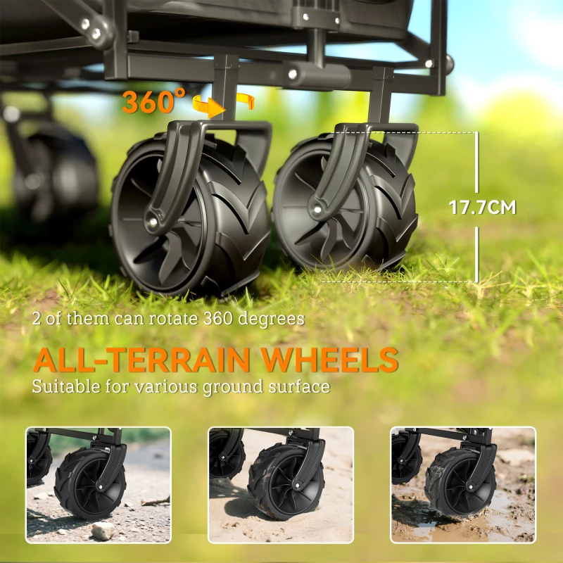 Outsunny 180L Festival Trolley on Wheels, Push & Pull Beach Cart with Removable Canopy, Wide All-Terrain Wheels, Folding Camping Trolley Cart, Adjustable Handle for Garden Fishing Shopping, Black